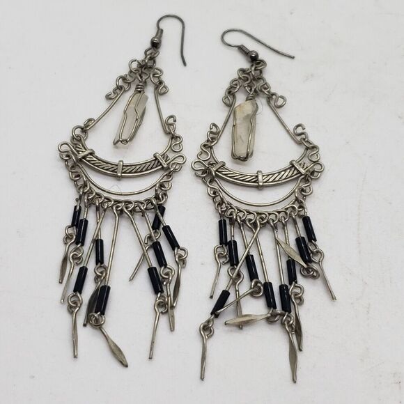 Vtg Silver Clear Quartz & Onyx Beads Handmade Boho Dangle Drop Earrings - Picture 9 of 9